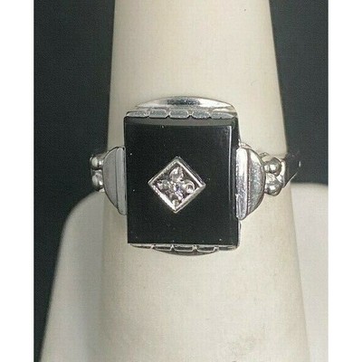 CAMPUS ART DECO WHITE GOLD DIAMOND ONYX SIGNET RING SIZE 7 SKY