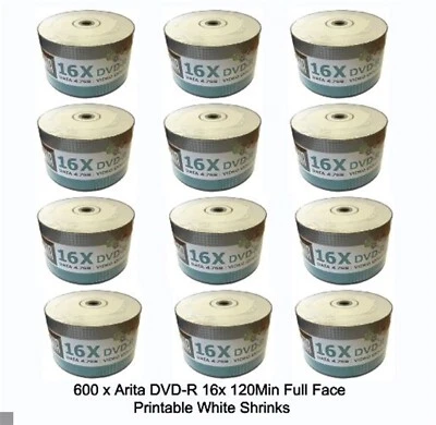 600 x Arita Ritek DVD-R 16x Full INKJET Printable 4.7GB 120 mins Blank DVD Discs