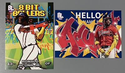 Two 2023 Topps Big League Ronald Acuña Jr. 8-Bit Baller, Roll Call Insert Braves