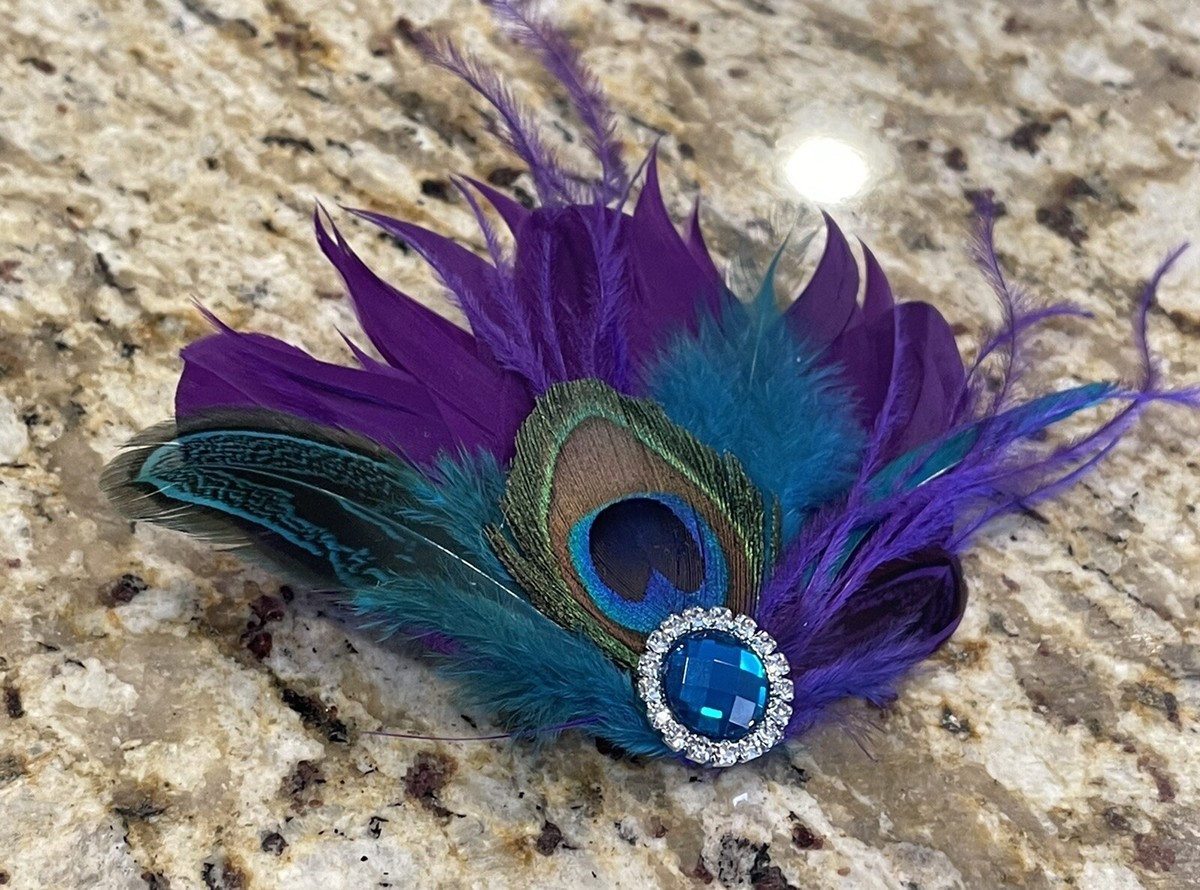 Fascinator feather clip natural peacock bridal Teal blue  display picture 2