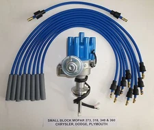 MOPAR 273 318 340 360 BLUE Small Female Cap HEI Distributor + Spark Plug Wires