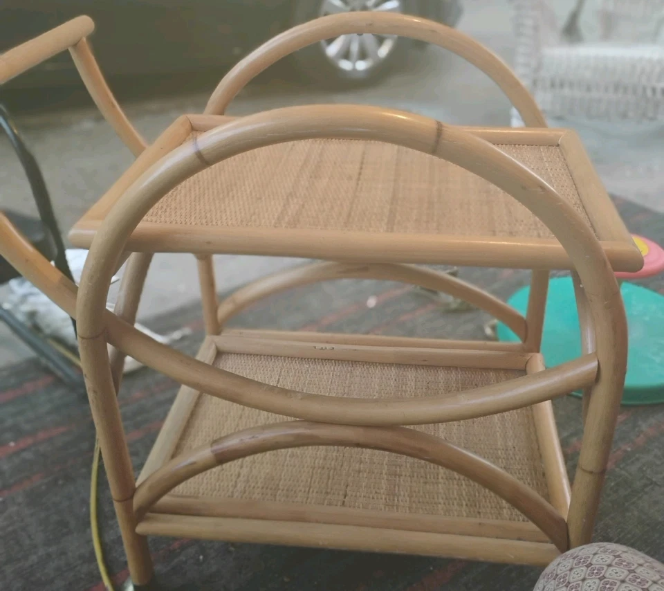 Mid century modern Bohemian rattan & bamboo serving bar Teacart Wheels. Vintage  - Image 4 of 4