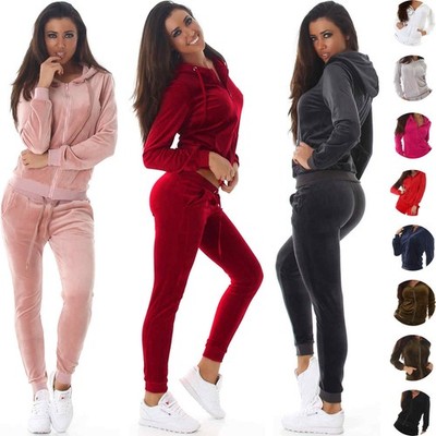 Damen Nicki Hausanzug Samt Velours Jogginganzug Kapuzenjacke Jogginghose