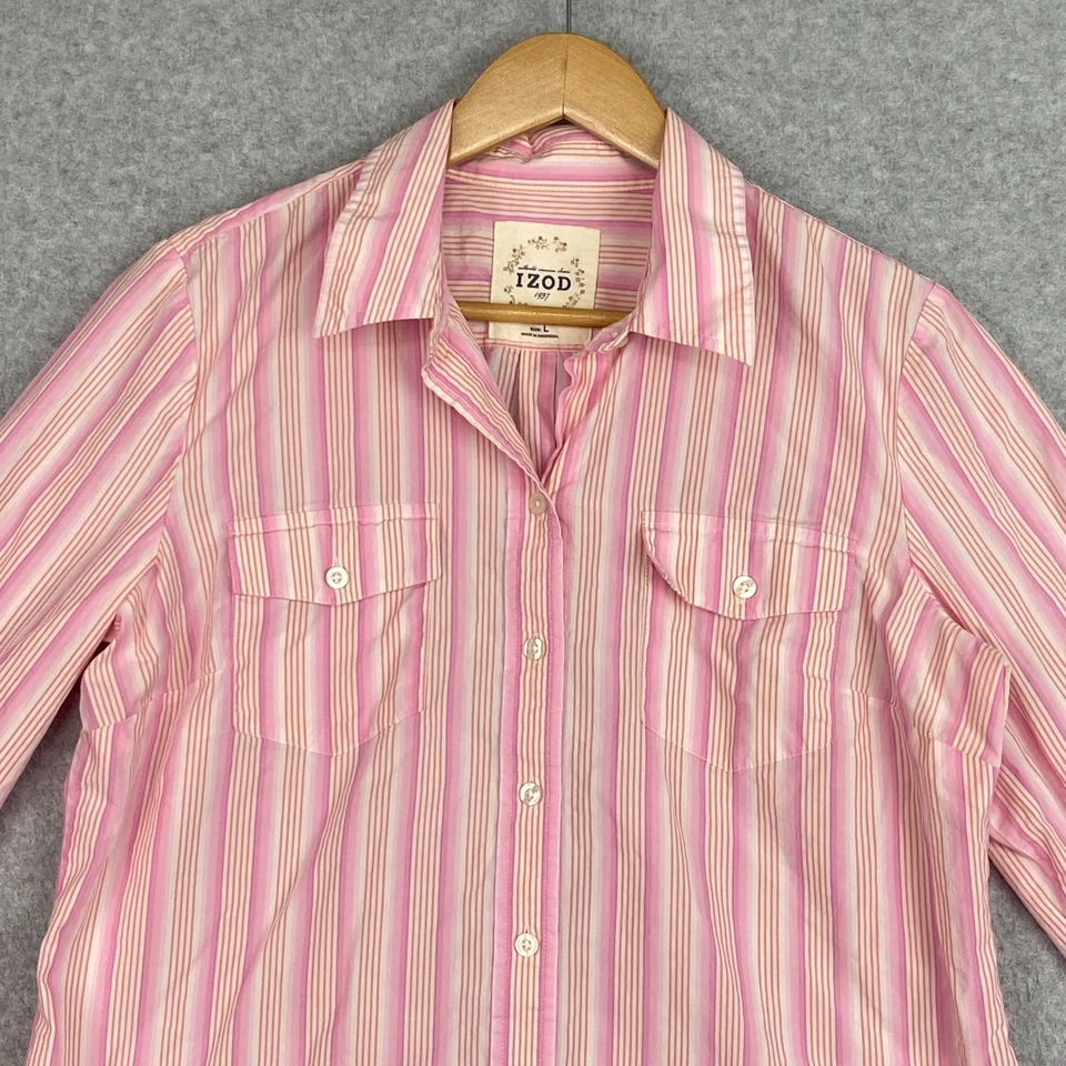 Blusa IZOD Top Mujer L Rosa Rayas Botón Delantero Manga 3/4 Pestaña Enrollable Algodón Foto 2 de 4