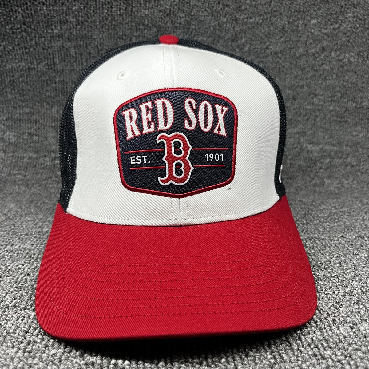 '47 Boston Red Sox Trucker Snapback Hat Cap White Black Mesh Red Brim