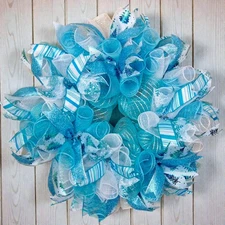 Winter Wonderland Wreath – Blue & White Holiday Ribbon, Snowflake & Tree Design