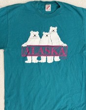 Vintage Alaska T Shirt Mens Size Large Teal 90s Polar Bears Made In USA