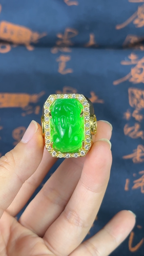 Anillo Pixiu amuleto de jadeíta verde helado natural atractivo para la riqueza de colección para hombres - Vídeo 1 de 1