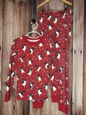 Hanna Andersson 2 Piece Pajama Set Youth 8 130 Red Dancing Penguins Candy Cane