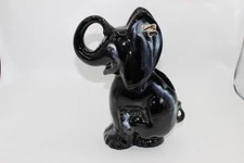 Vintage Royal Haeger 9.5" Happy Elephant Planter Black Drip Glaze-Trunk Up