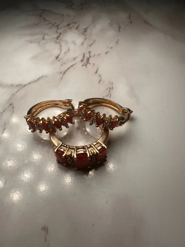 Vintage 925 Sterling Silver Ruby Ring + Earring Set - Size 7