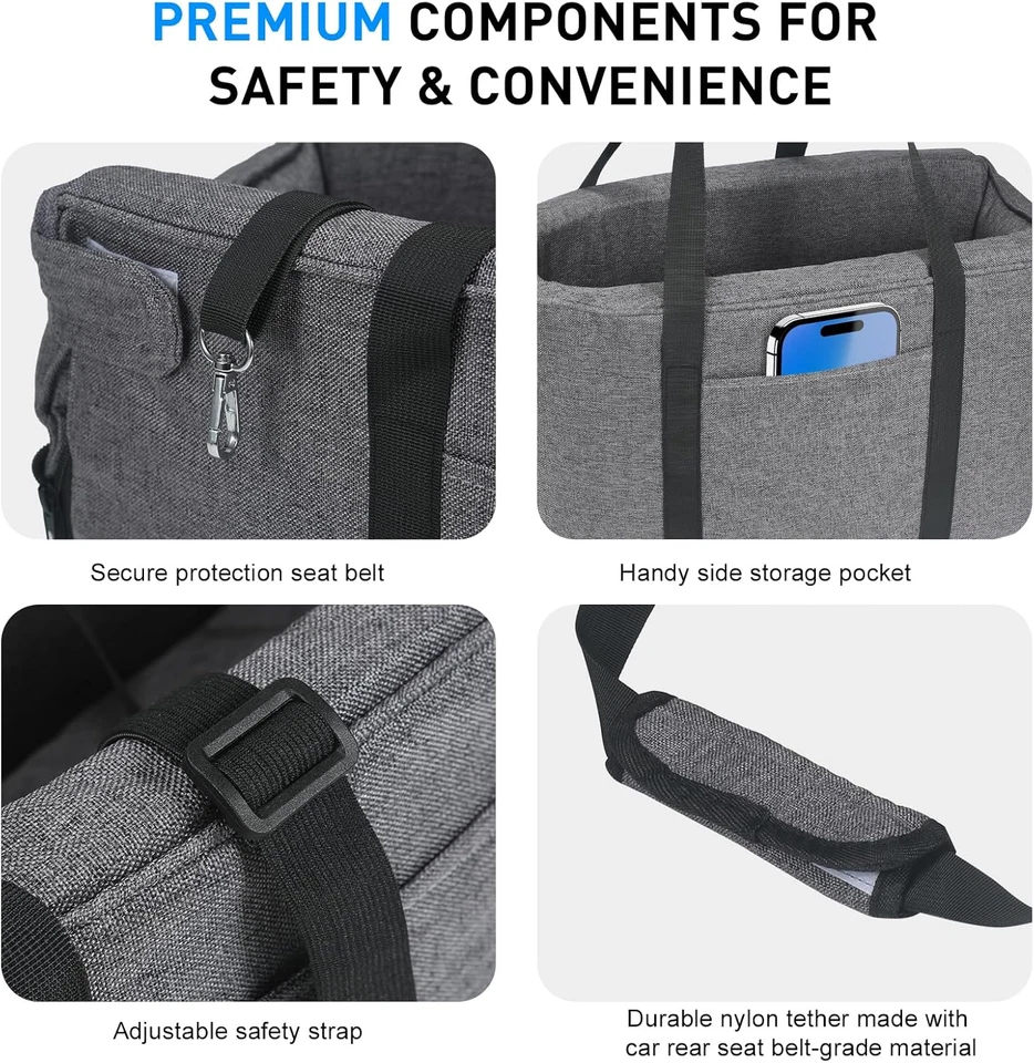 Asiento de coche pequeño para perros y gatos, asiento desmontable, ajuste de consola, correas ajustables, almacenamiento Foto 3 de 4