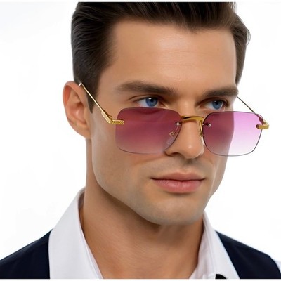 Purple Sunglasses Rimless Rectangle Gold Frame Fashion Trendy Eyewear Small New