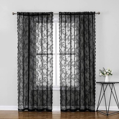 Schwarz Voile Spitze Transparent Vorhänge Stickerei Blumen Stores Fensterschal