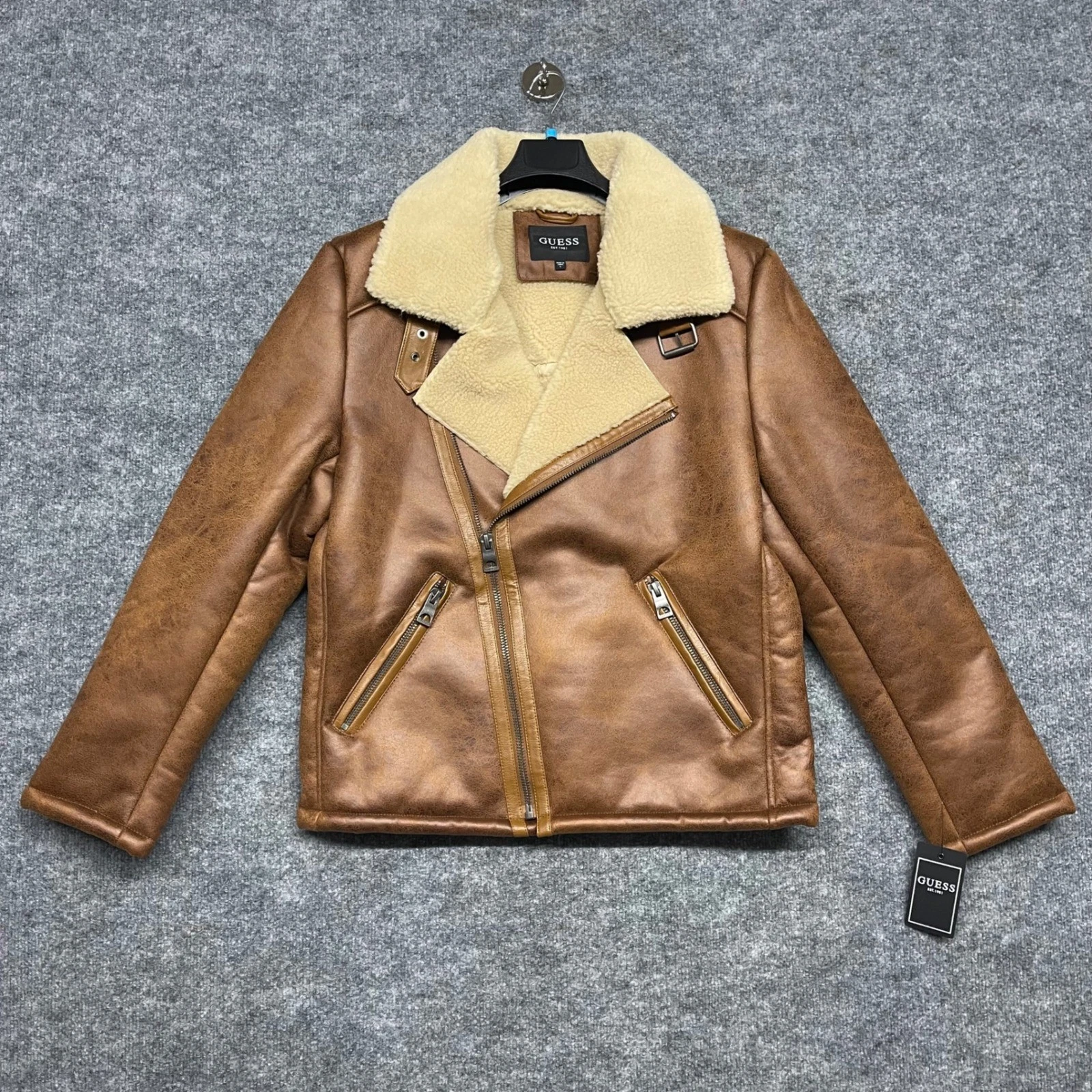 Guess Jacket Mens Large Brown Faux Shearling Asymmetric Moto Toni DF Biker Coat - product detail image 1