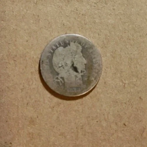 US Coin, 1914 10C Barber Dime. 90% Silver.  Very Worn!