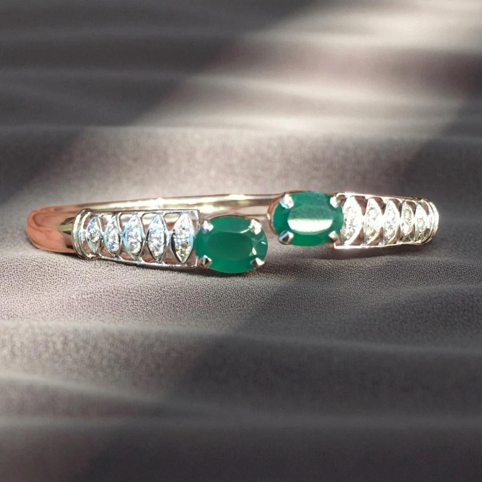 Pavé 2,80 Cts Runder Brillant Diamanten Smaragd-Manschette Armband 14K Weißgold - Bild 3 von 4