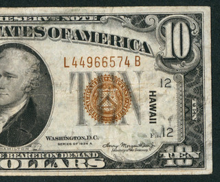 $10 1934 (( HAWAII )) Federal Reserve Note PAPER CURRENCY ((TEAR))