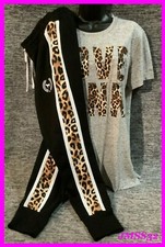 Victoria's Secret Pink Leopard Campus Tee Shirt  Jogger Pants Set Black Gray M