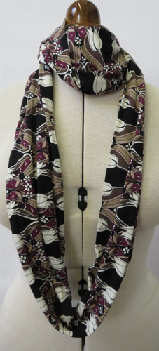 Loop Scarf, Cotton Blend Jersey, "Tulip" Design, Black, Brown, Purple, 17cm Wide - Picture 9 of 14