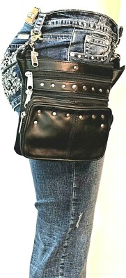 WOMEN'S S LEATHER STUDDED CLIP ON WAIST HIP BELT POUCH SHOULDER PURSE BAG 