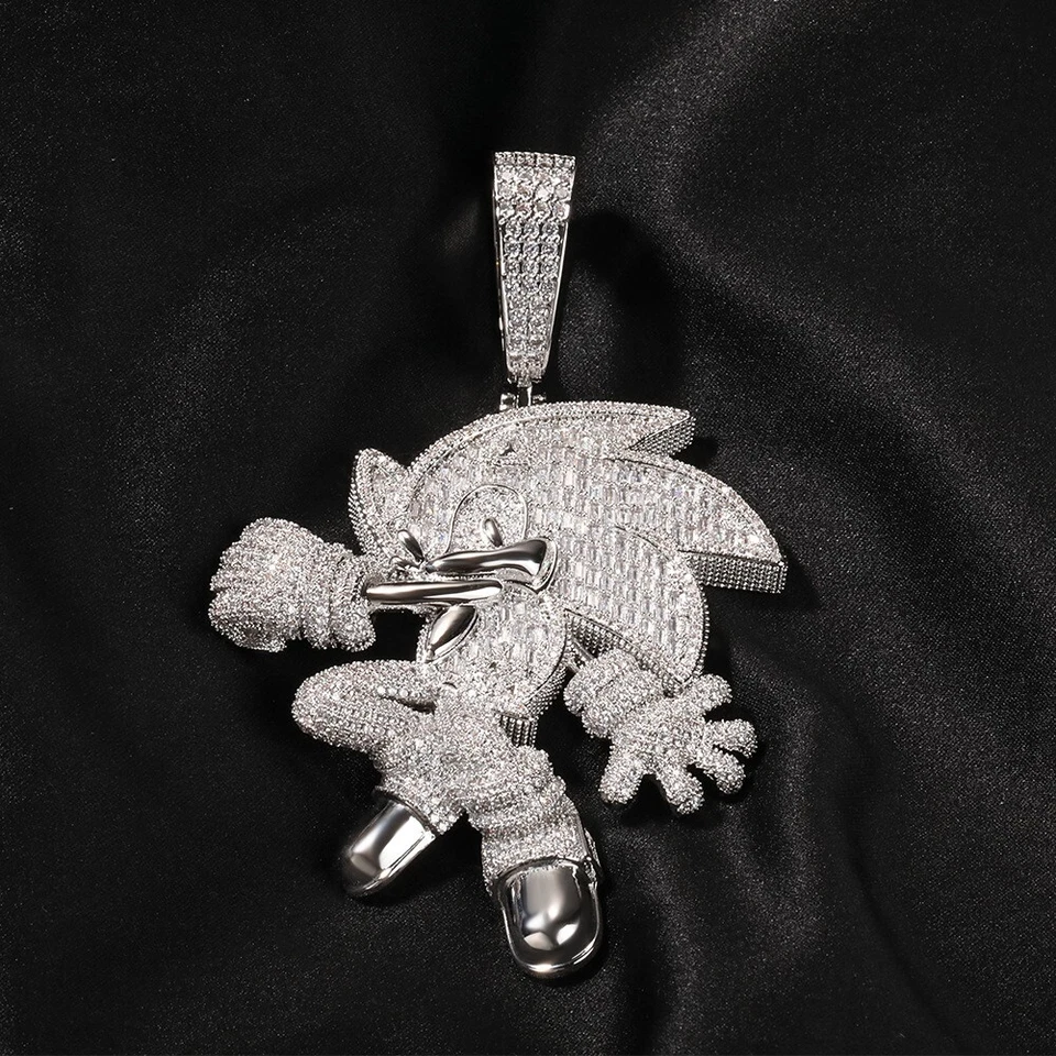 Hip Hop Brass Pendant Necklace with CZ - Sonic the Hedgehog Iced Out Bling Chain - Image 3 of 4