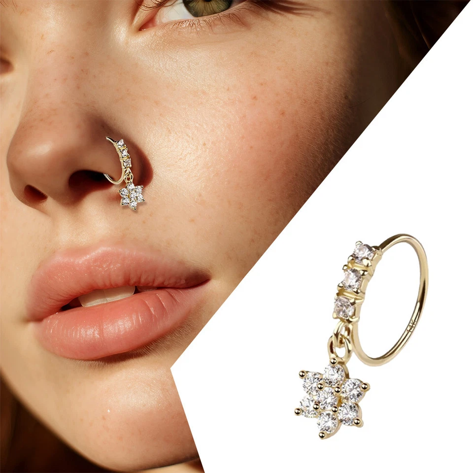 14K Solid Gold 20G Flower Nose Ring Hoop Dangling Bendable Crystal Dangle CZ - Image 2 of 4