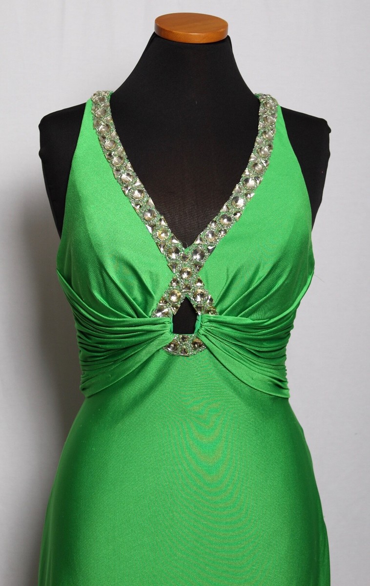 PRECIOUS FORMALS KELLY GREEN SILVER BEADED GEMS TRAIN PROM FORMAL GOWN DRESS  8 | eBay