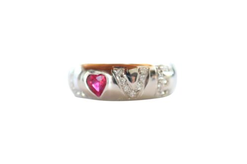  Size 7 LOVE Ruby and Diamond Studded 18K White Gold Ring .5ct Ruby  - Afbeelding 1 van 6
