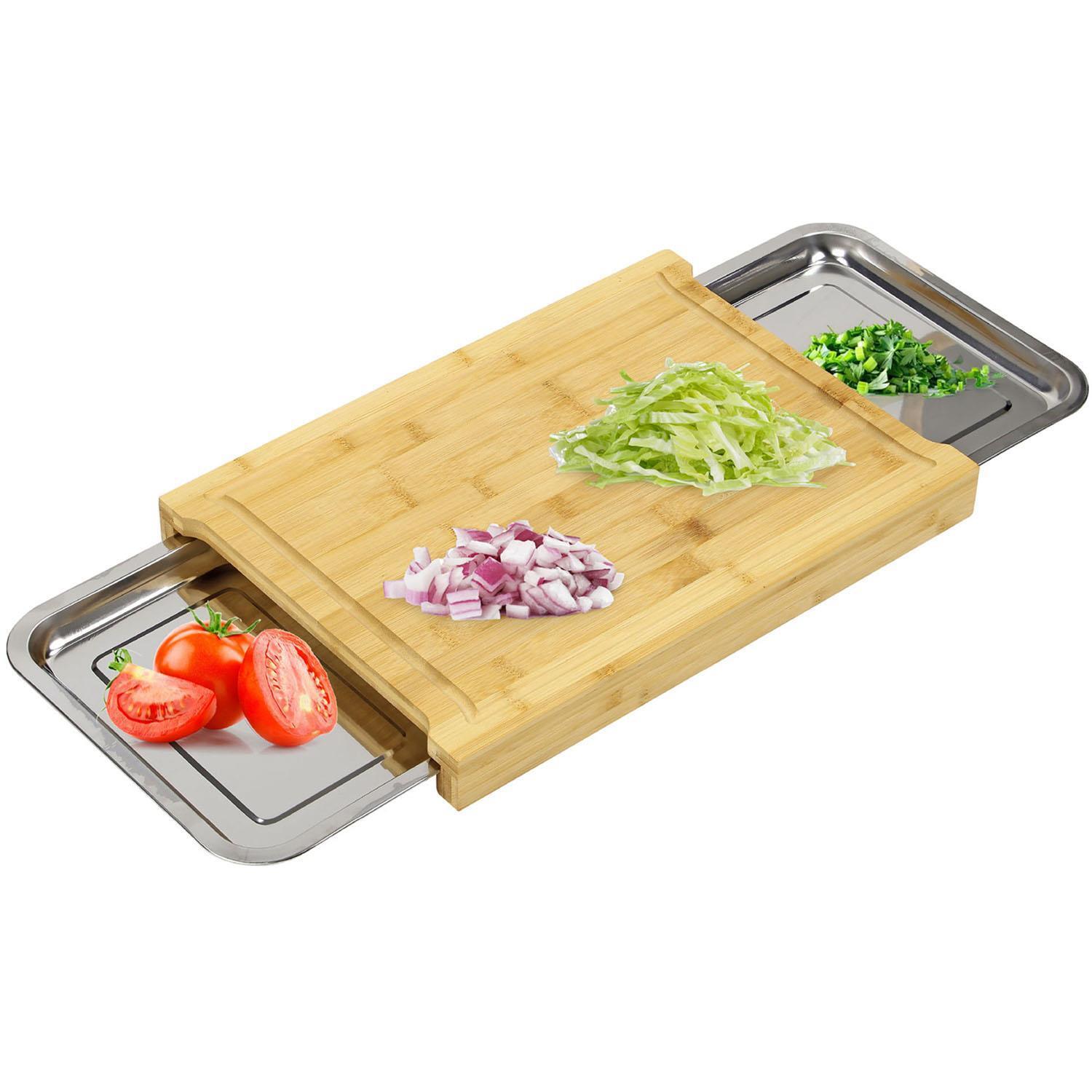 Wooden Bamboo Chopping Cutting Slicing Board + 2 Sliding Stainless Steel Trays