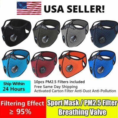 USA Activated Carbon Air Purifying Reusable Face Mask W 10pcs Filters Haze Valve