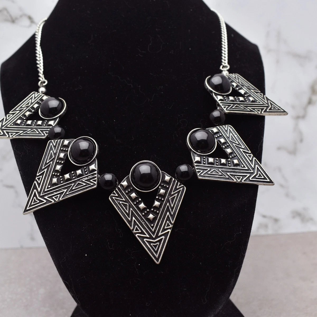 Chunky Silver Tone and Black Contemporary Statement Necklace eBay