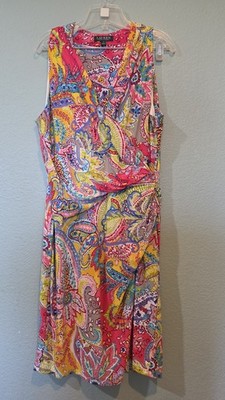 Lauren Ralph Lauren Paisley Faux Wrap Dress Sz 14 Boho 70s Style Retro Colorful