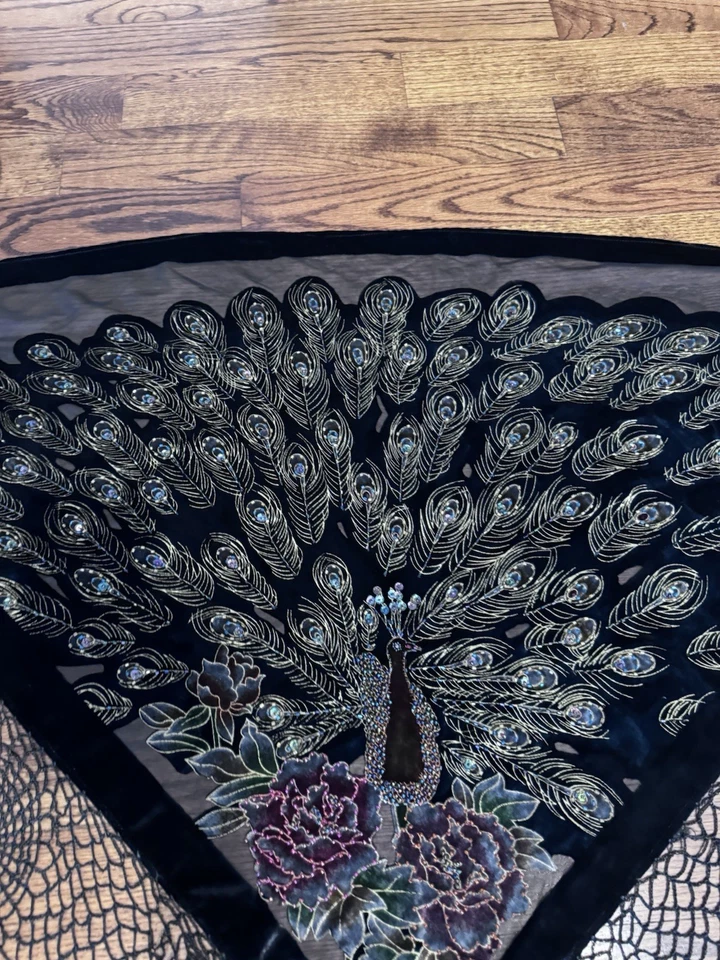 Sujetador Boho Arte Impresionante Terciopelo Burnout Cuentas Pavo Real Chal Flecos Negro Ornamentado Foto 4 de 4