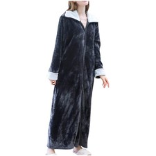 Womens Full Length Fleece Robe Bathrobe Winter Warm Zip Up Housecoat Plush Mediu