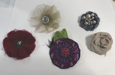 Lot 6 Vintage Fabric Flower Brooches Corsage Craft Millinery Felt Organza