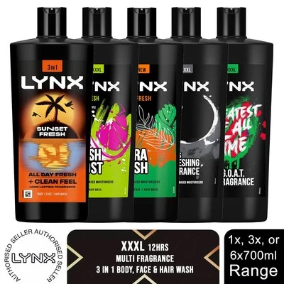 Lynx Shower Gel 12H Refreshing Fragrance w/ 100% Moisturisers 700ml, 1, 3 or 6pk