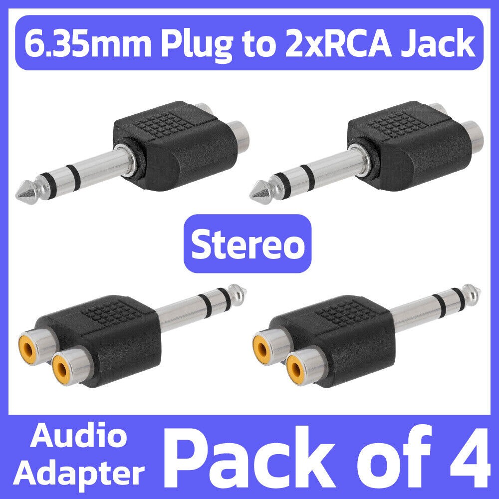 4 Pack 6.35mm Male Plug to 2RCA Female Jack Adapter Mono Aud