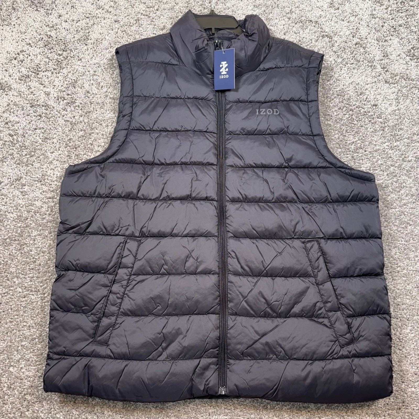 IZOD Mens Packable Puffer Vest Black XL Full Zip Sleeveless Lightweight NEW