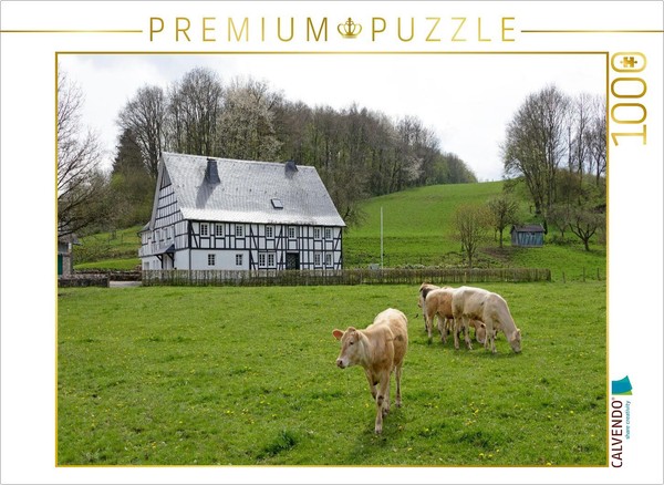 Calvendo Puzzle Cattle In Front Of A Half-Timbered House | 1000 Pieces, Finished-image