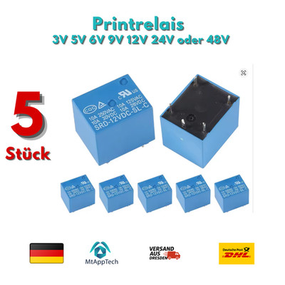 5 Stück Printrelais 3V 5V 6V 9V 12V 24V oder 48V (SRD-XX-VDC-SL-C )