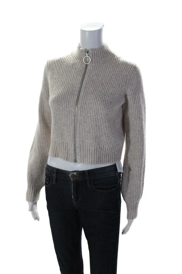 Cárdigan acanalado William Rast para mujer cuello alto mangas largas cremallera completa beige talla S Foto 2 de 4