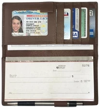 RFID Leather Checkbook Cover With Credit Card Slots and Pen Holder Walnut