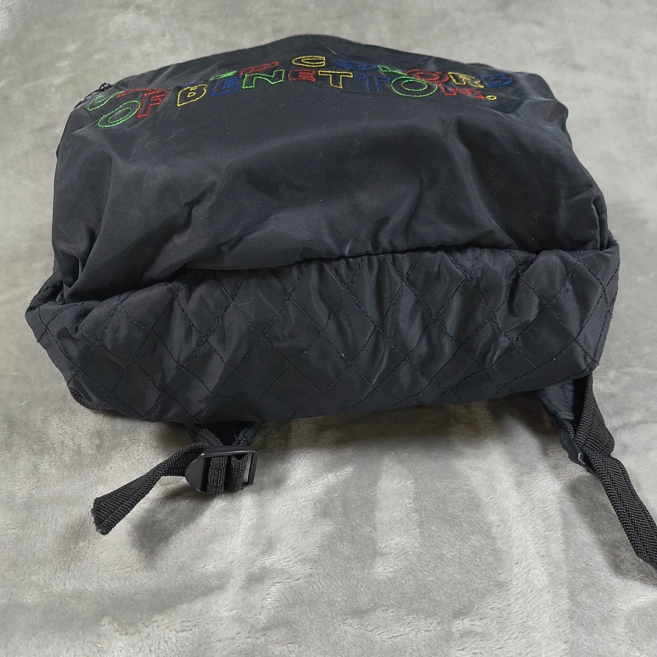 Vintage United Colors Of Benetton Backpack Black Embroidered Quilted 80s 90s Bag - Image 3 of 4