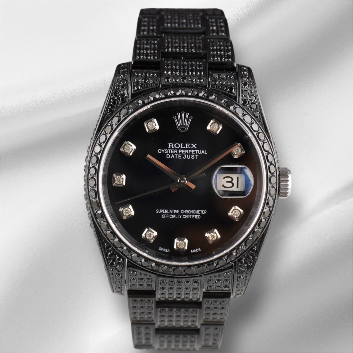 DIESEL 黒ラメトップス Rolex 36mm Oyster Perpetual Datejust Black Iced Out 9ct Diamond