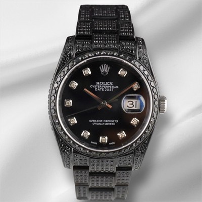 Rolex 36mm Oyster Perpetual Datejust Schwarz Iced Aus 9ct Diamant Armbanduhr Ref