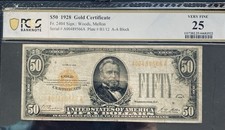 DBR 1928 $50 Gold Certificate Fr. 2404 PCGS-B 25 Serial A00489566A