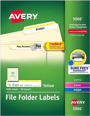 Avery 5966 Permanent Filing Labels, 1/3 Cut, 1500/BX, Yellow