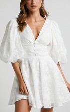 NEW Showpo Mini Dress Puff Sleeve Women's  8  White Floral Wedding Bridal