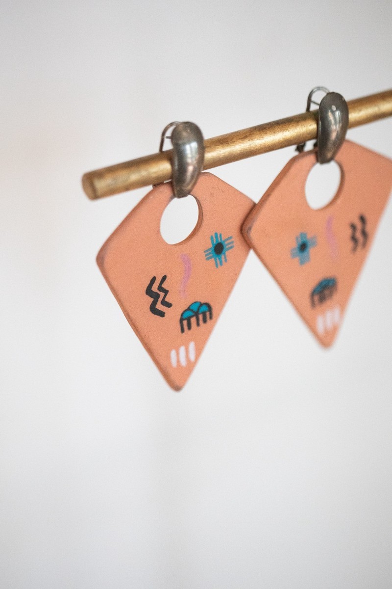 Vintage southwest-style terracotta clay and silver earrings with tribal designs View 2